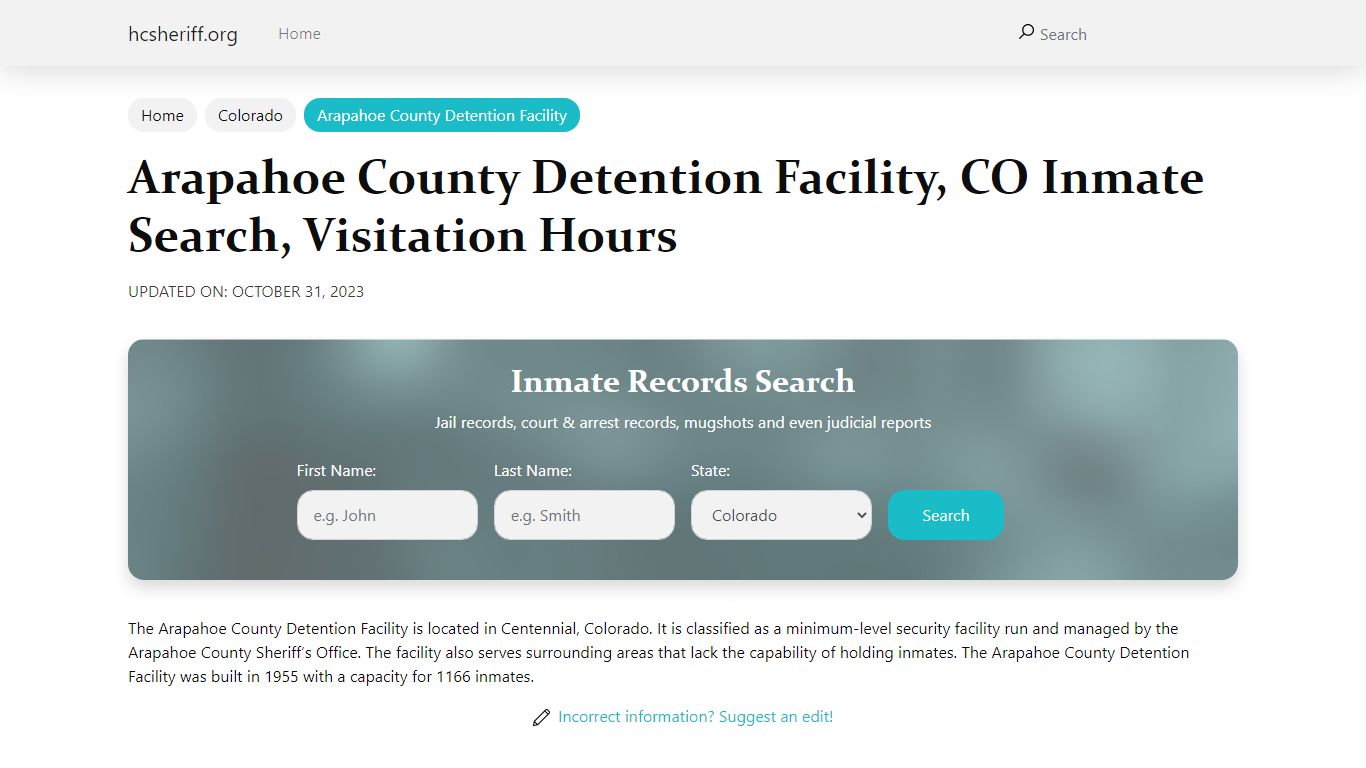 Arapahoe County Detention Facility, CO Inmate Search, Visitation Hours